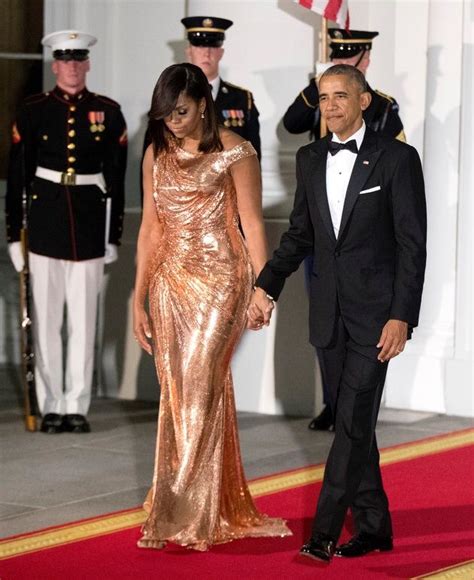 atelier versace chainmail couture gown michelle obama|Obama rose gold Versace dress.